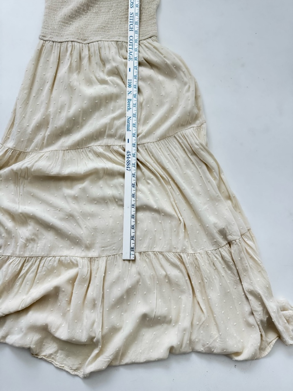 Cream Smocked Midi Dress Cottagecore Puff Sleeve Boho Swiss Dot Tiered Romantic - Picture 6 of 8